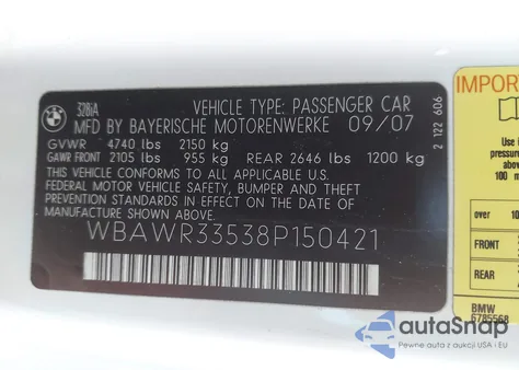 2008 BMW 328I из США, поврежденный, VIN WBAWR33538P150421